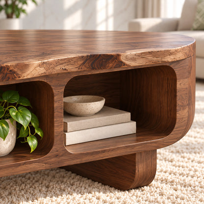 Coffee Table with Rounded Open Storage Shelves in Natural Solid Wood - Woodenecho - 5