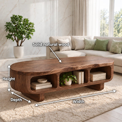 Coffee Table with Rounded Open Storage Shelves in Natural Solid Wood - Woodenecho - 6