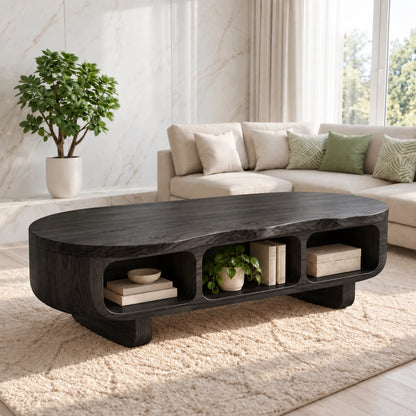 Coffee Table with Rounded Open Storage Shelves in Natural Solid Wood - Woodenecho - 7