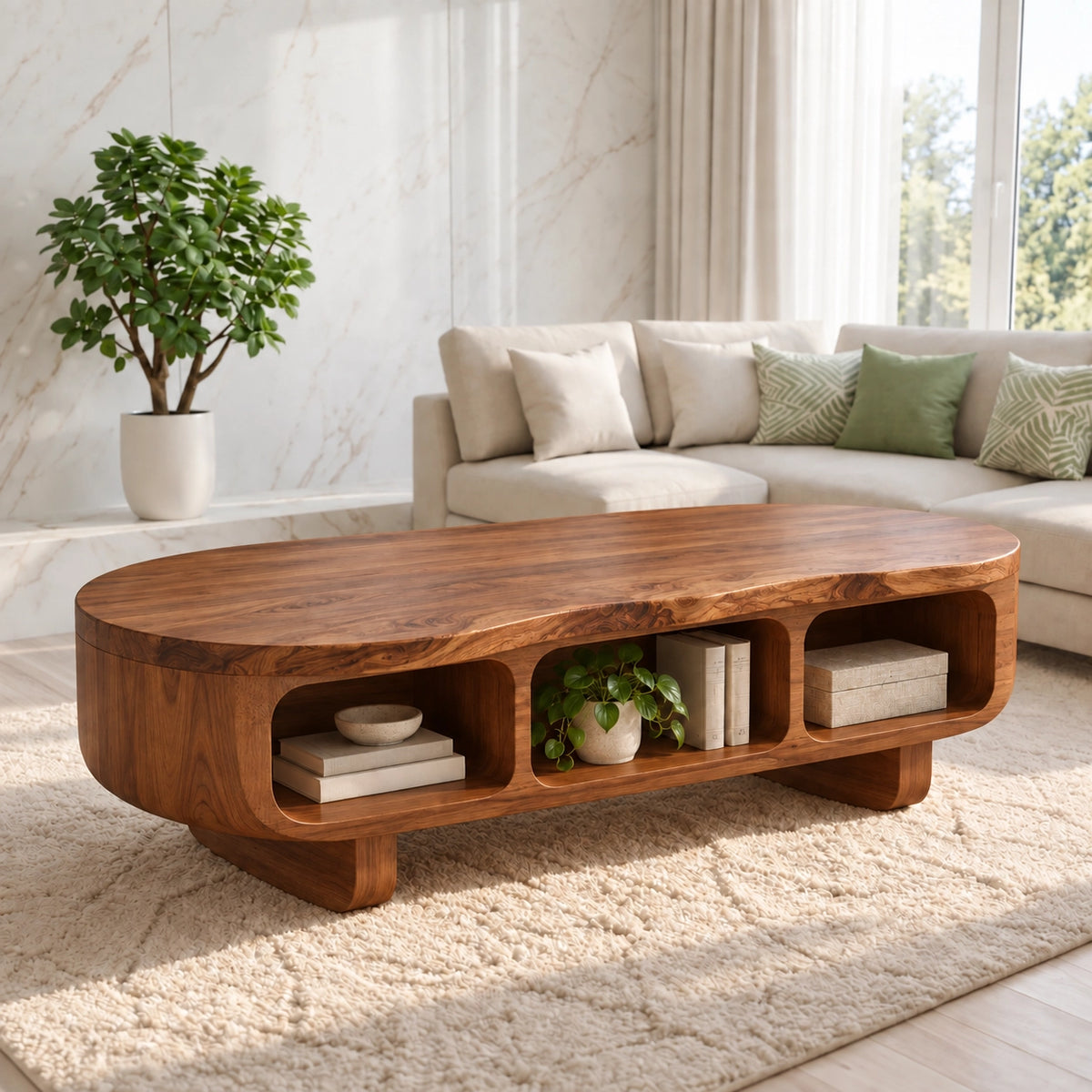 Coffee Table with Rounded Open Storage Shelves in Natural Solid Wood - Woodenecho - 8