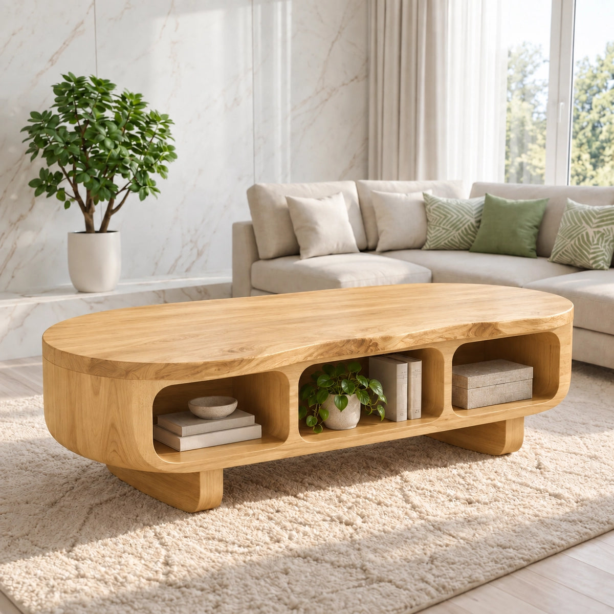 Coffee Table with Rounded Open Storage Shelves in Natural Solid Wood - Woodenecho - 9