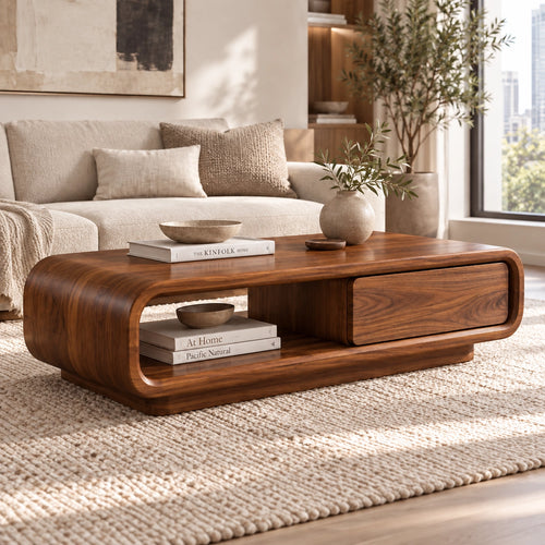 Coffee Table with Rounded Wood Base and Open Shelf Storage in Natural Solid Wood - Woodenecho - 1