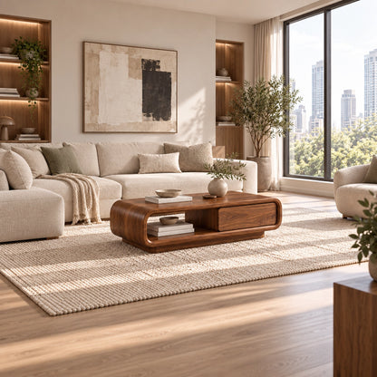 Coffee Table with Rounded Wood Base and Open Shelf Storage in Natural Solid Wood - Woodenecho - 2