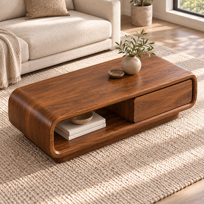 Coffee Table with Rounded Wood Base and Open Shelf Storage in Natural Solid Wood - Woodenecho - 3