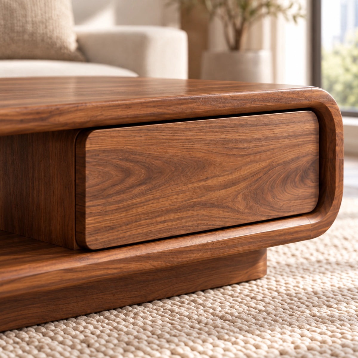 Coffee Table with Rounded Wood Base and Open Shelf Storage in Natural Solid Wood - Woodenecho - 4