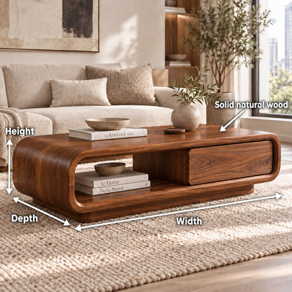 Coffee Table with Rounded Wood Base and Open Shelf Storage in Natural Solid Wood - Woodenecho - 5