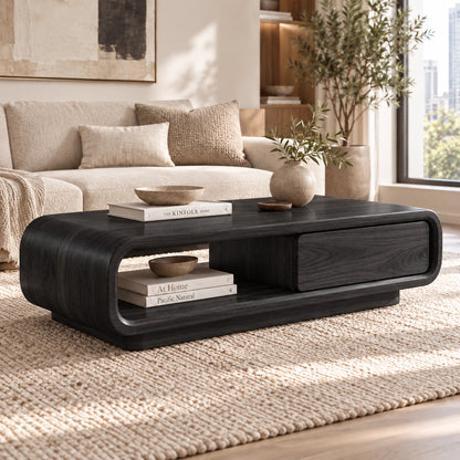 Coffee Table with Rounded Wood Base and Open Shelf Storage in Natural Solid Wood - Woodenecho - 6