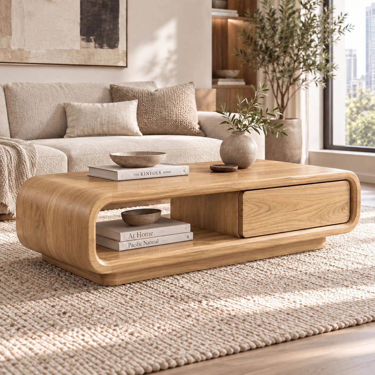 Coffee Table with Rounded Wood Base and Open Shelf Storage in Natural Solid Wood - Woodenecho - 7