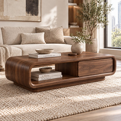 Coffee Table with Rounded Wood Base and Open Shelf Storage in Natural Solid Wood - Woodenecho - 8