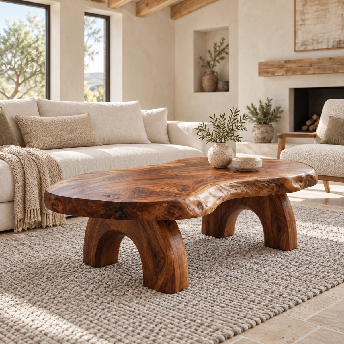 Coffee Table with Sculptural Arched Wooden Legs in Natural Solid Wood - Woodenecho - 1