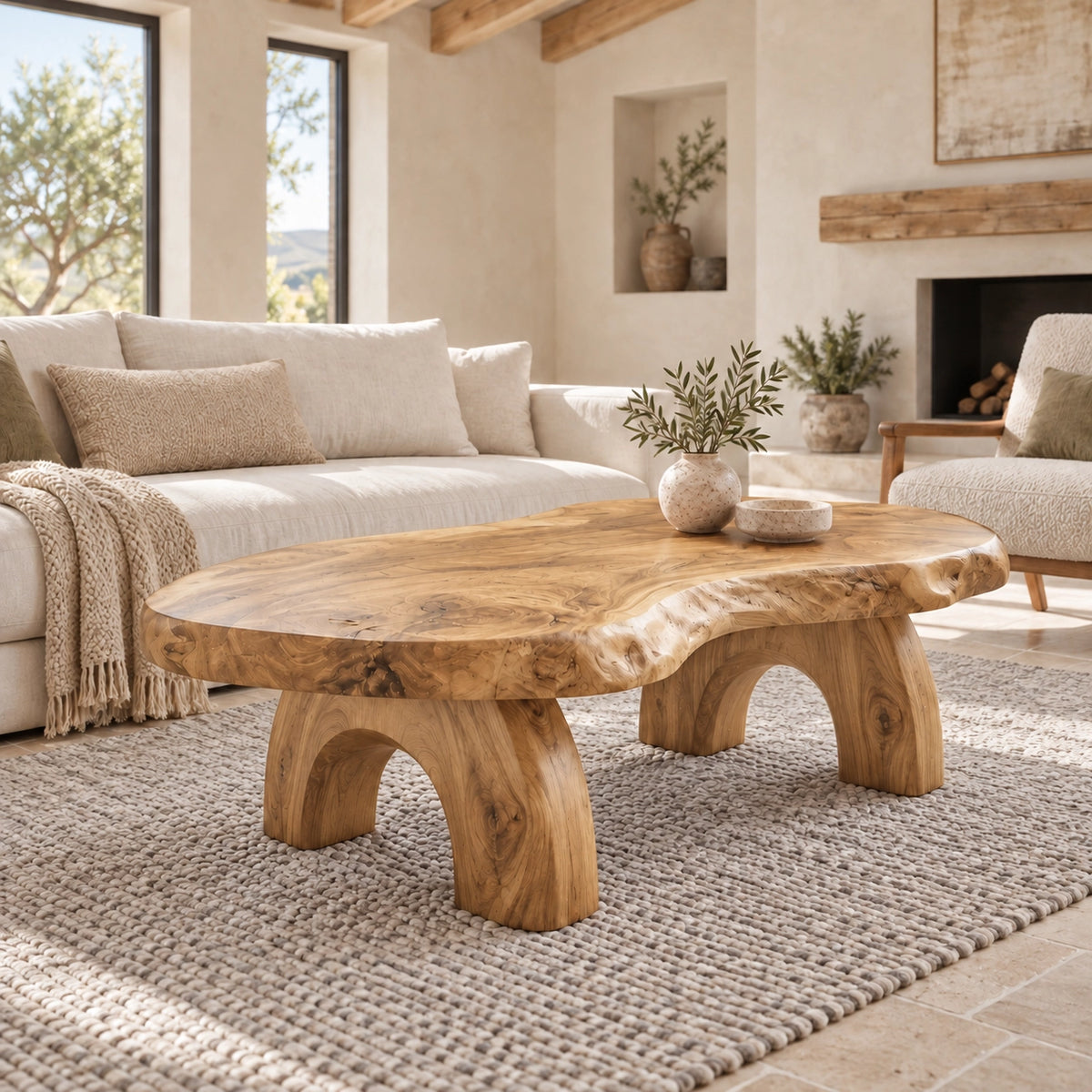 Coffee Table with Sculptural Arched Wooden Legs in Natural Solid Wood - Woodenecho - 7