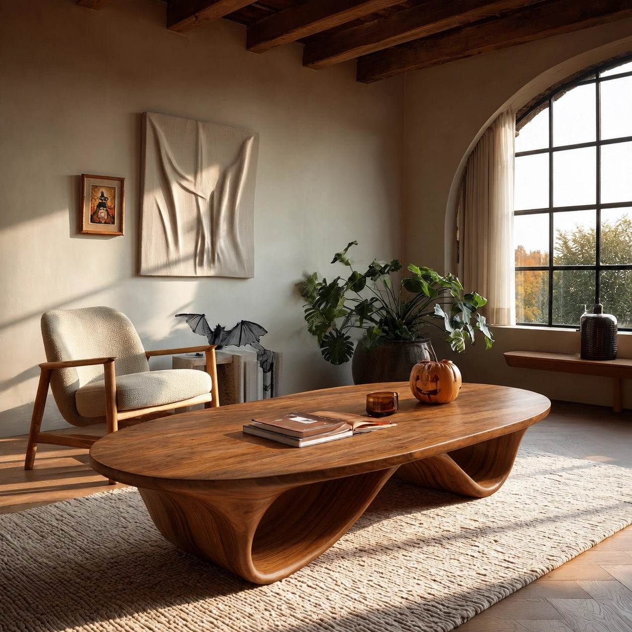 Coffee Table with Sculptural Curved Wooden Base in Natural Solid Wood - Woodenecho - 1