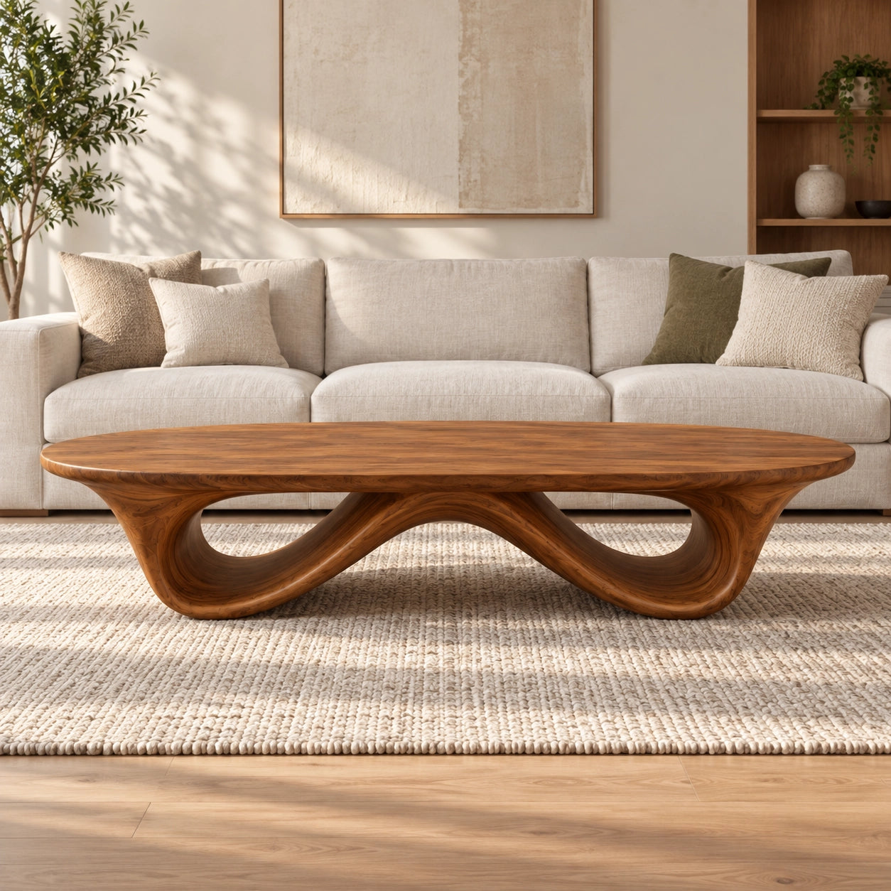 Coffee Table with Sculptural Curved Wooden Base in Natural Solid Wood - Woodenecho - 2