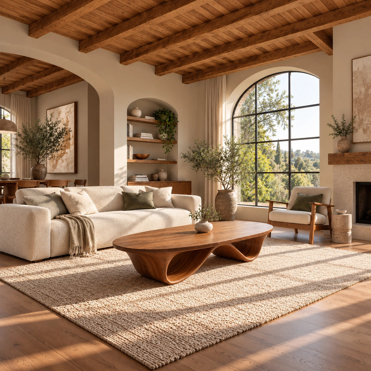 Coffee Table with Sculptural Curved Wooden Base in Natural Solid Wood - Woodenecho - 3