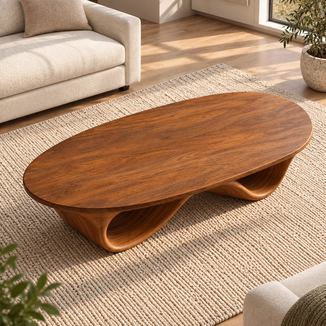 Coffee Table with Sculptural Curved Wooden Base in Natural Solid Wood - Woodenecho - 4