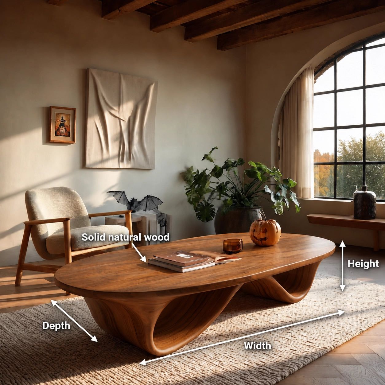 Coffee Table with Sculptural Curved Wooden Base in Natural Solid Wood - Woodenecho - 5