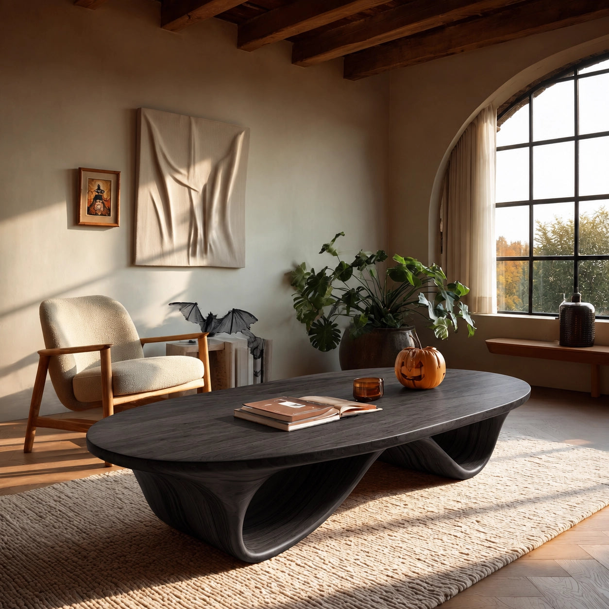 Coffee Table with Sculptural Curved Wooden Base in Natural Solid Wood - Woodenecho - 6