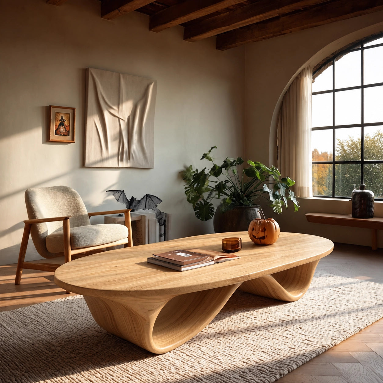 Coffee Table with Sculptural Curved Wooden Base in Natural Solid Wood - Woodenecho - 7
