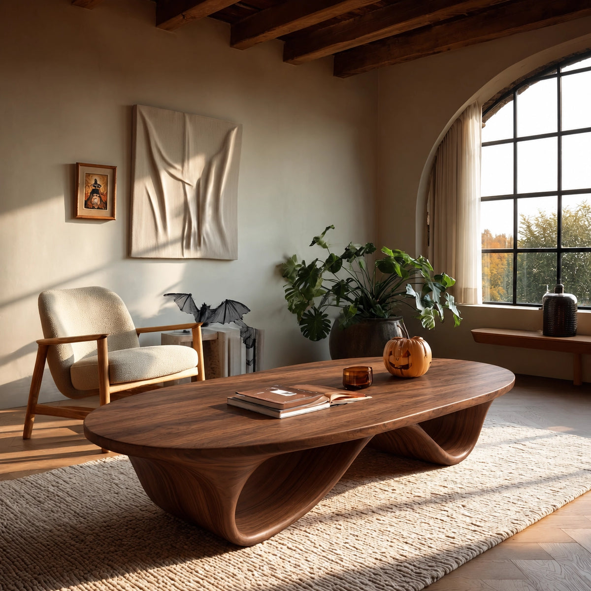 Coffee Table with Sculptural Curved Wooden Base in Natural Solid Wood - Woodenecho - 8