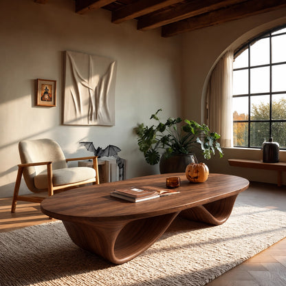 Coffee Table with Sculptural Curved Wooden Base in Natural Solid Wood - Woodenecho - 8