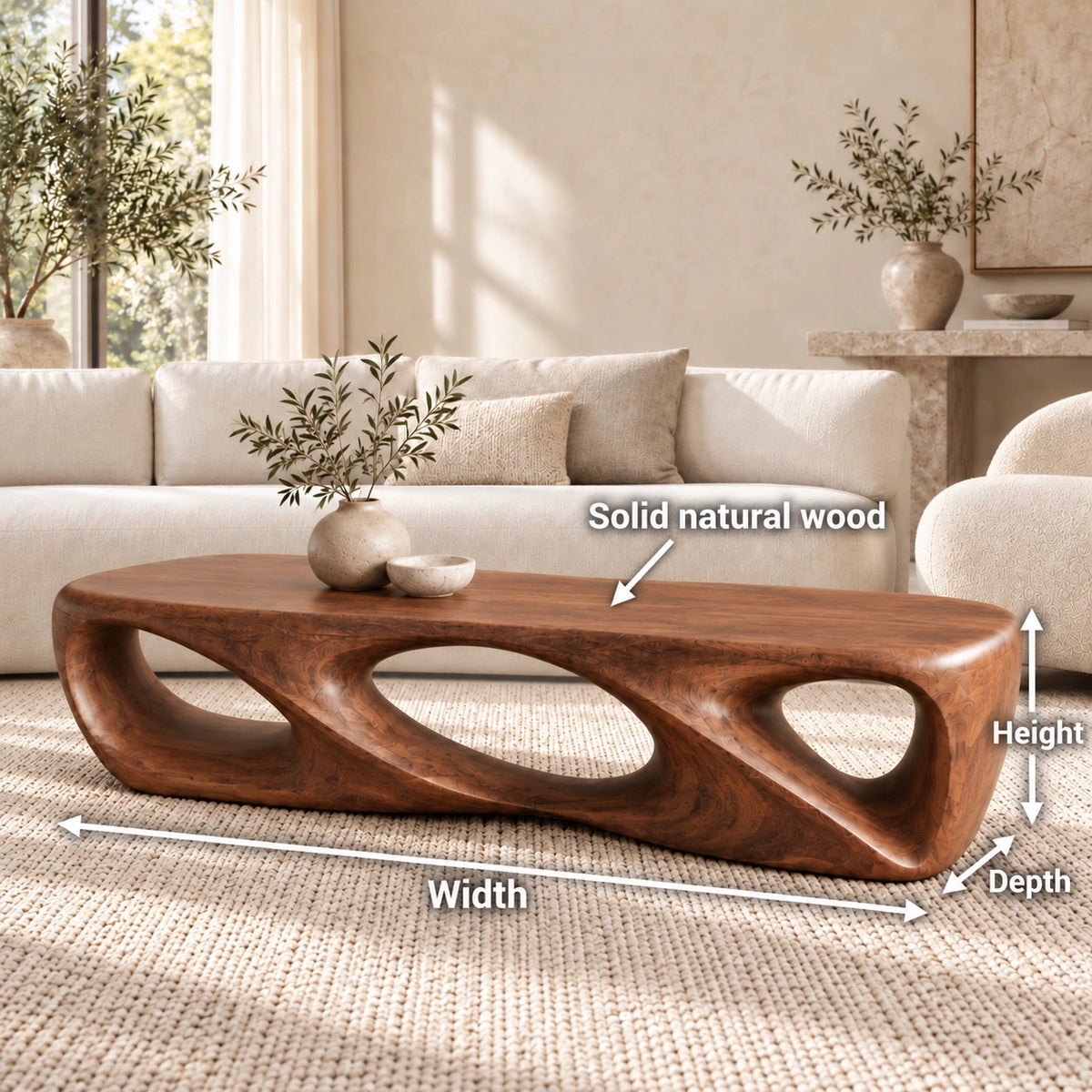 Coffee Table with Sculptural Oval Openings in Natural Solid Woods - Woodenecho - 6