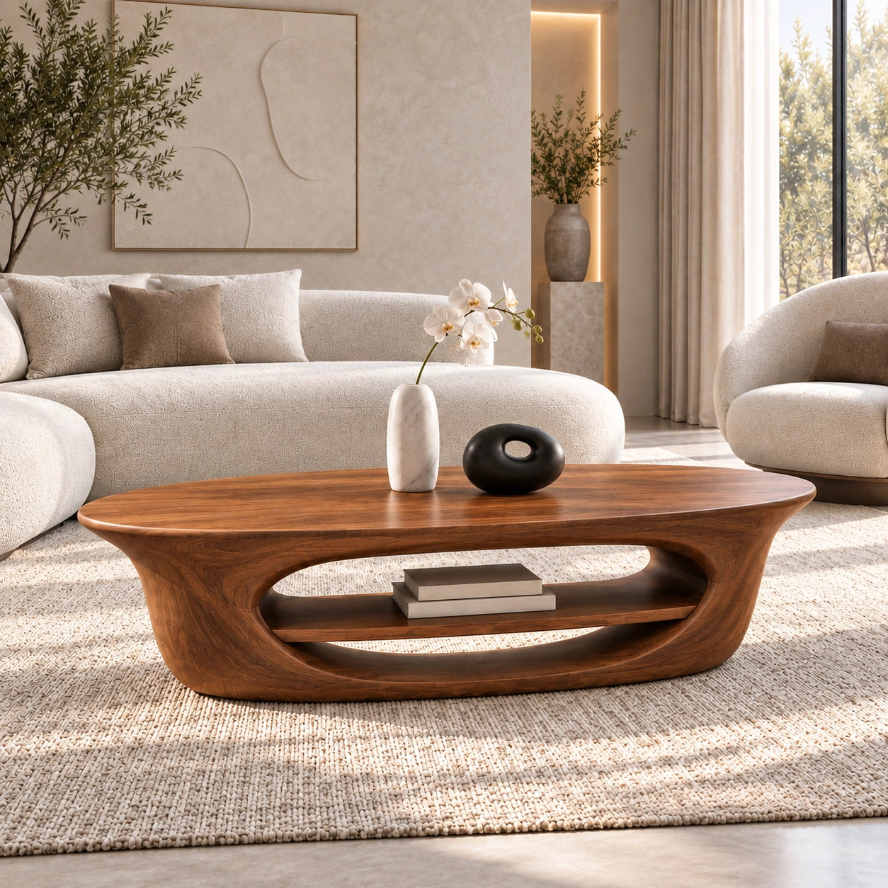Coffee Table with Sculptural Oval Shelf in Natural Solid Wood for Living - Woodenecho - 1
