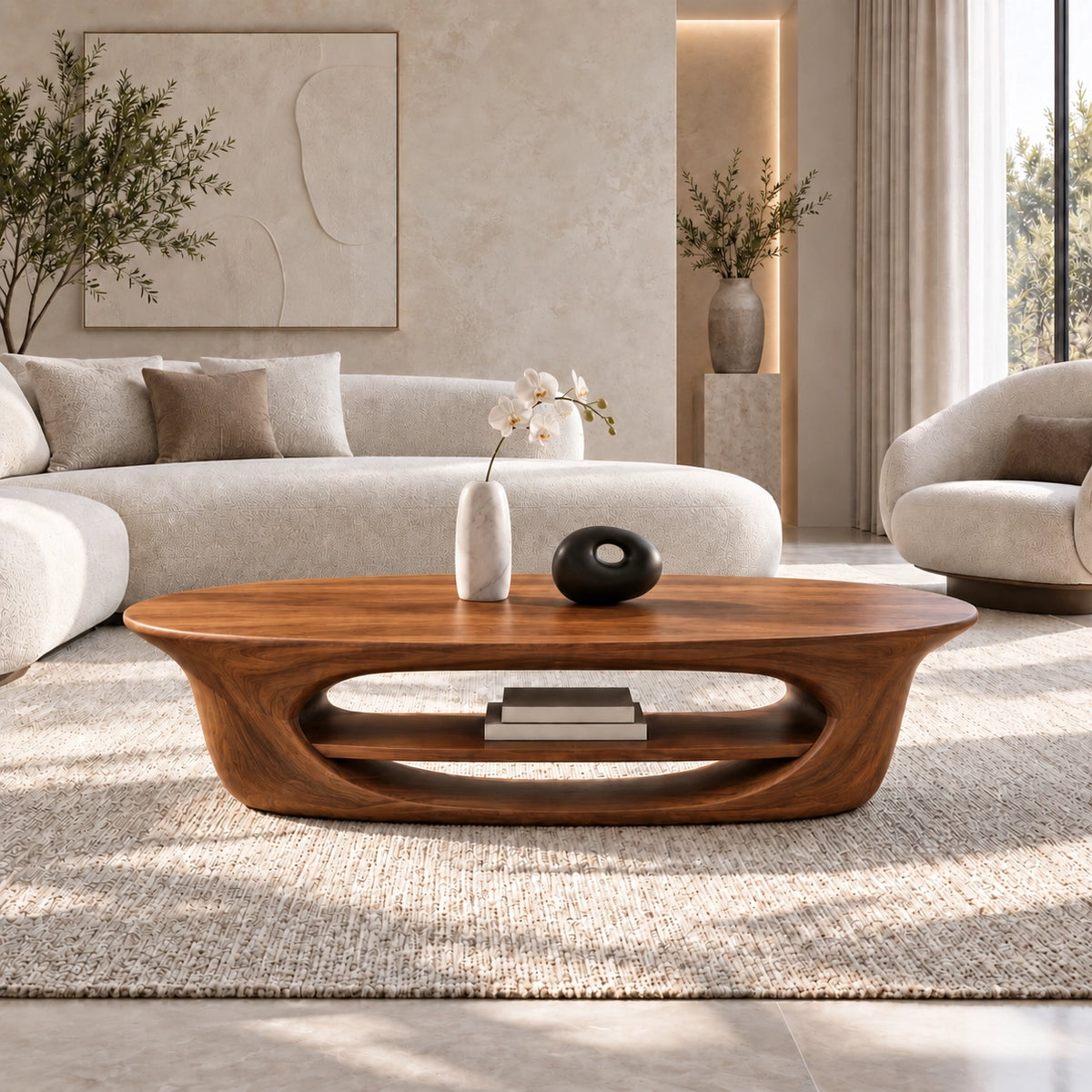 Coffee Table with Sculptural Oval Shelf in Natural Solid Wood for Living - Woodenecho - 2
