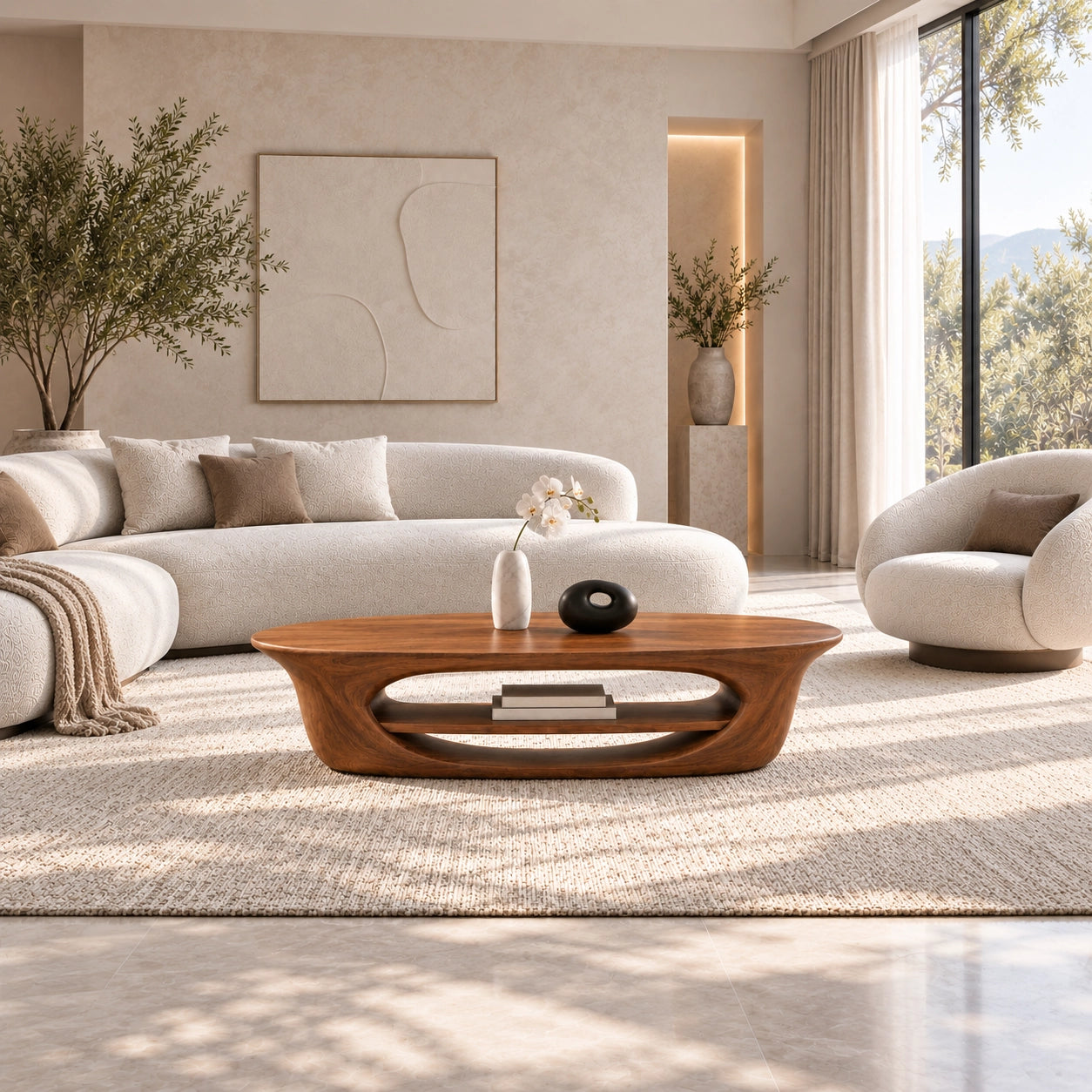 Coffee Table with Sculptural Oval Shelf in Natural Solid Wood for Living - Woodenecho - 3