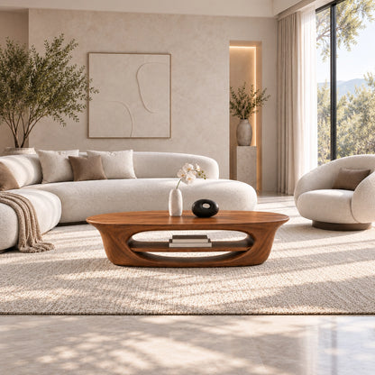 Coffee Table with Sculptural Oval Shelf in Natural Solid Wood for Living - Woodenecho - 3