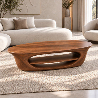 Coffee Table with Sculptural Oval Shelf in Natural Solid Wood for Living - Woodenecho - 4