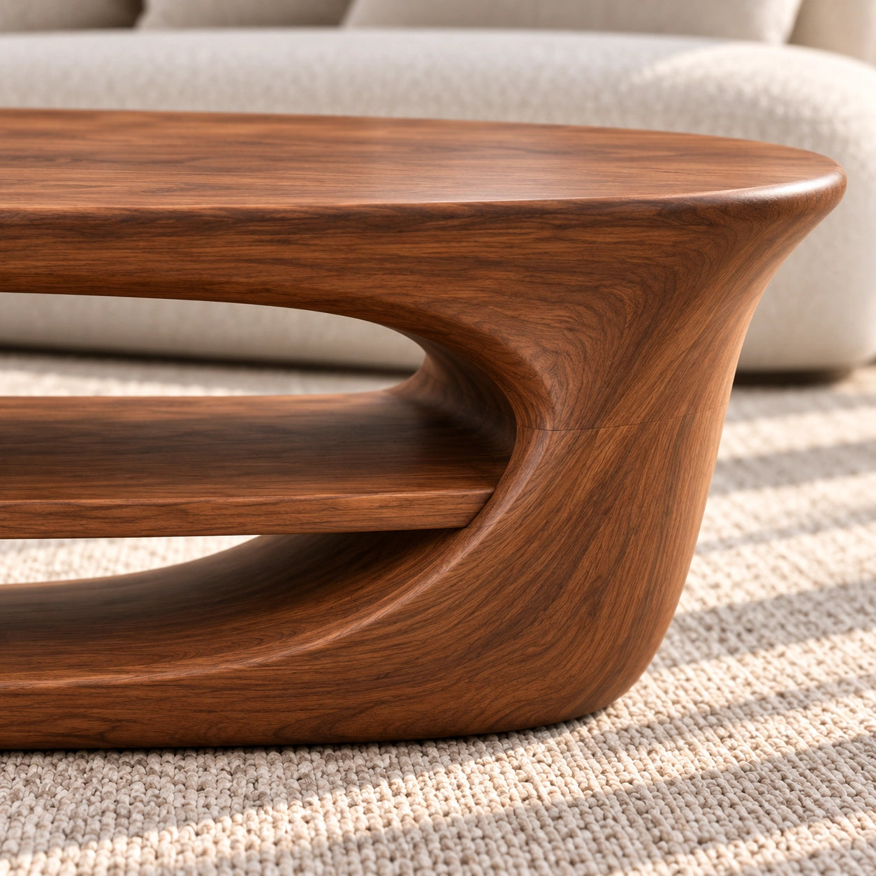 Coffee Table with Sculptural Oval Shelf in Natural Solid Wood for Living - Woodenecho - 5