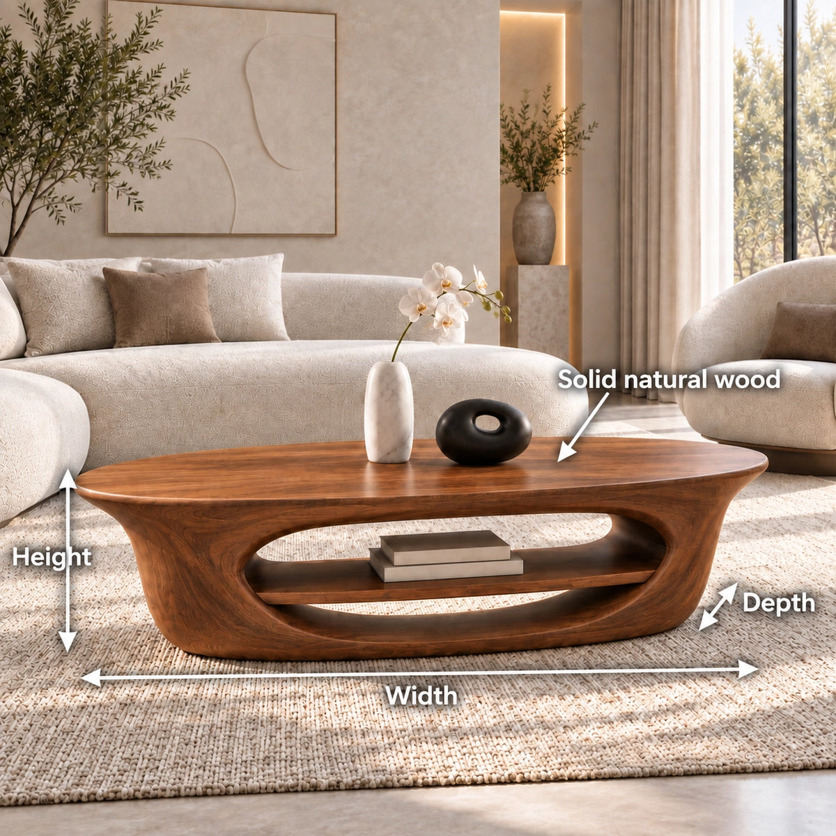 Coffee Table with Sculptural Oval Shelf in Natural Solid Wood for Living - Woodenecho - 6
