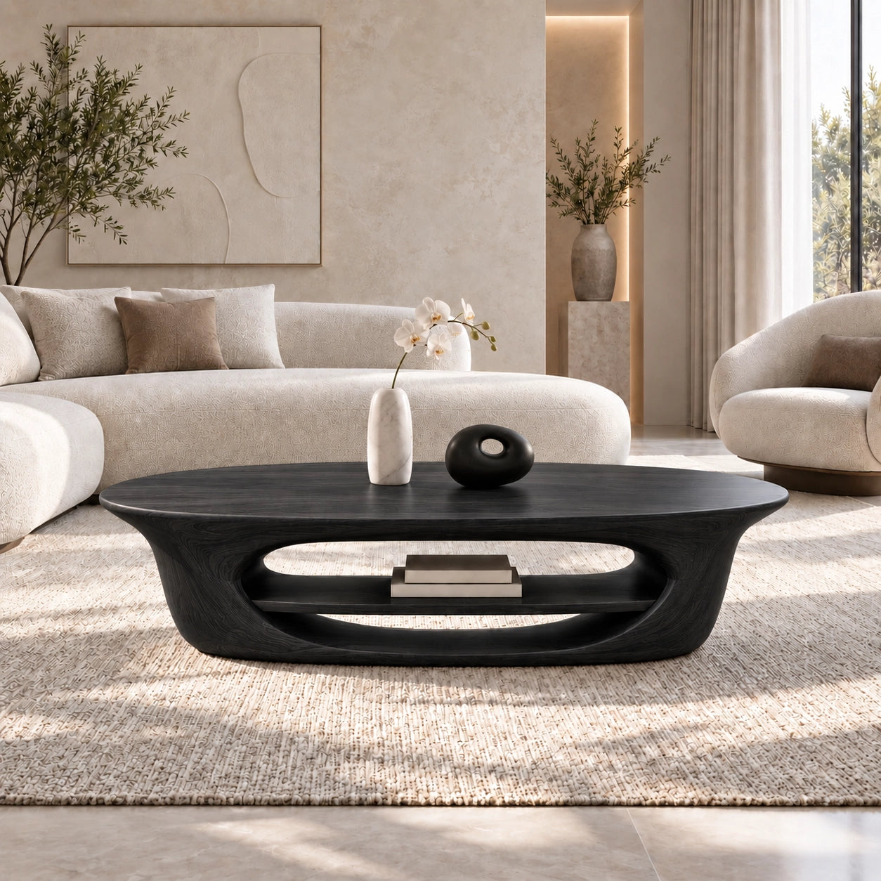 Coffee Table with Sculptural Oval Shelf in Natural Solid Wood for Living - Woodenecho - 7