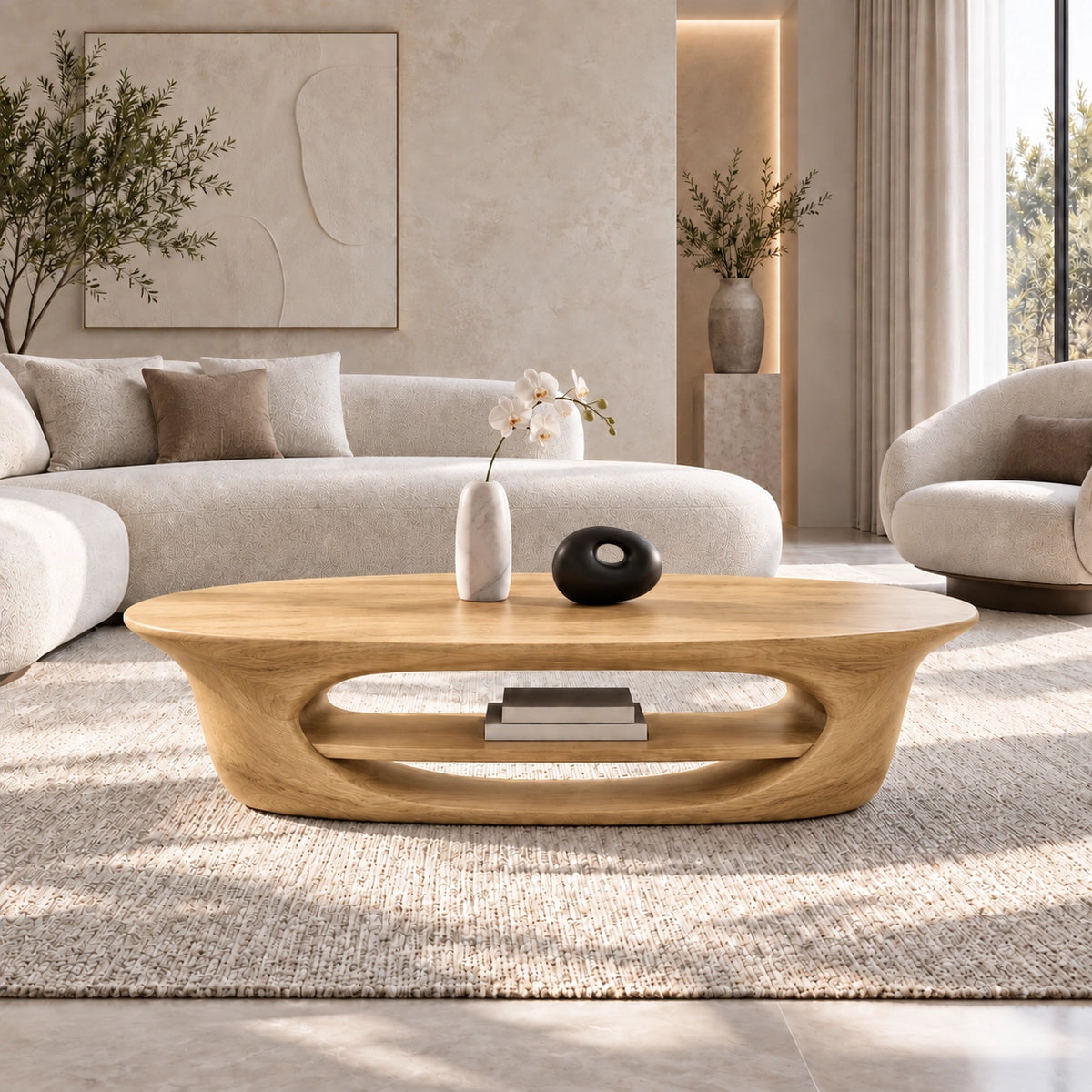 Coffee Table with Sculptural Oval Shelf in Natural Solid Wood for Living - Woodenecho - 8