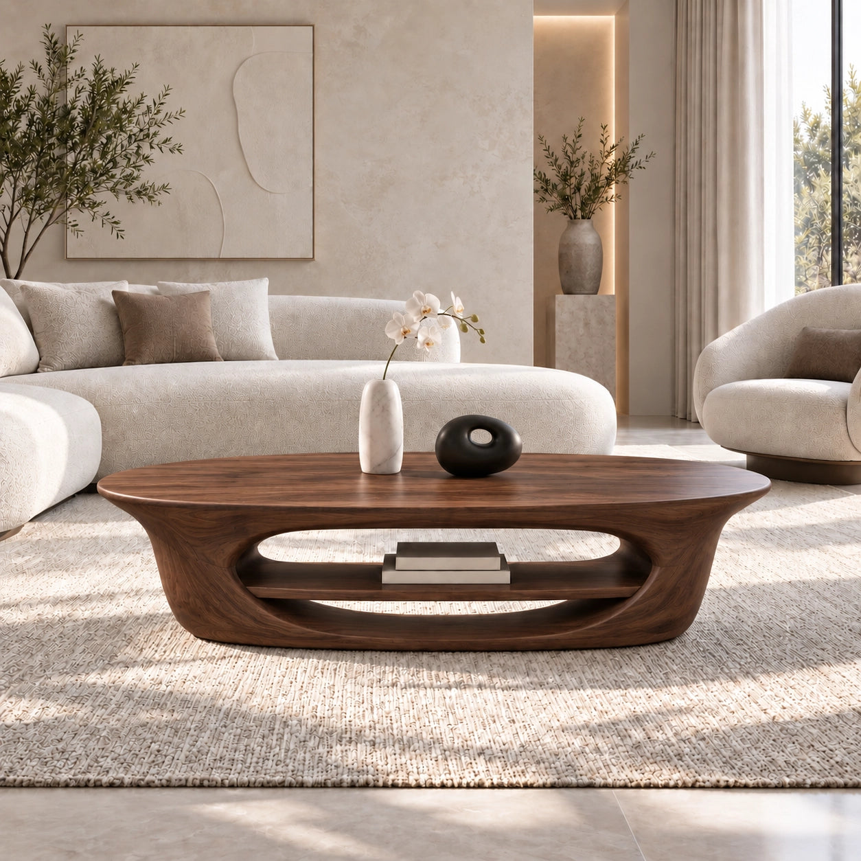 Coffee Table with Sculptural Oval Shelf in Natural Solid Wood for Living - Woodenecho - 9