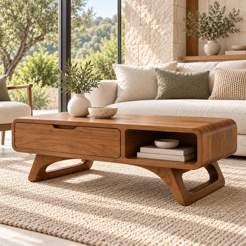 Coffee Table with Storage Drawer and Open Shelf in Natural Solid Wood - Woodenecho - 1