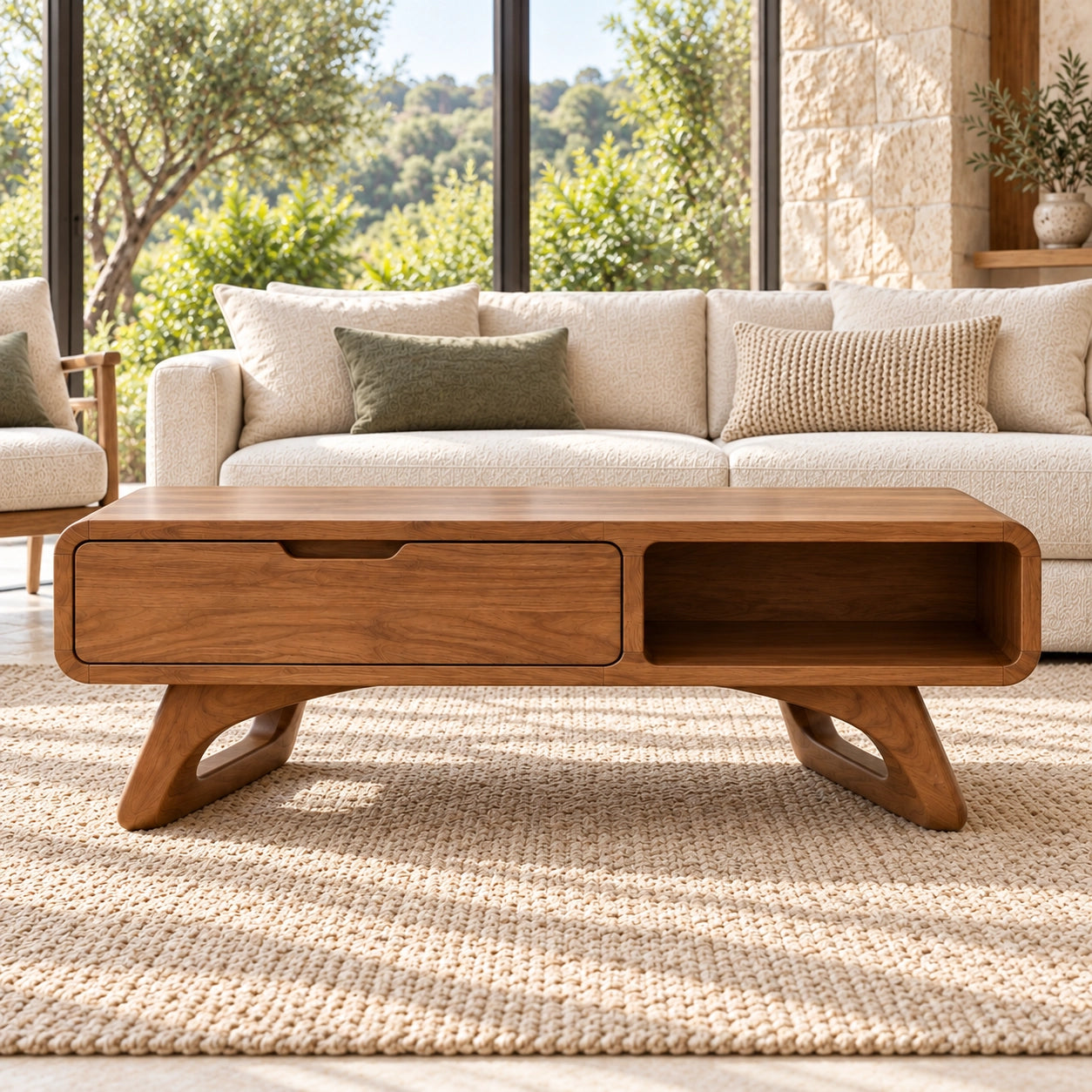 Coffee Table with Storage Drawer and Open Shelf in Natural Solid Wood - Woodenecho - 2