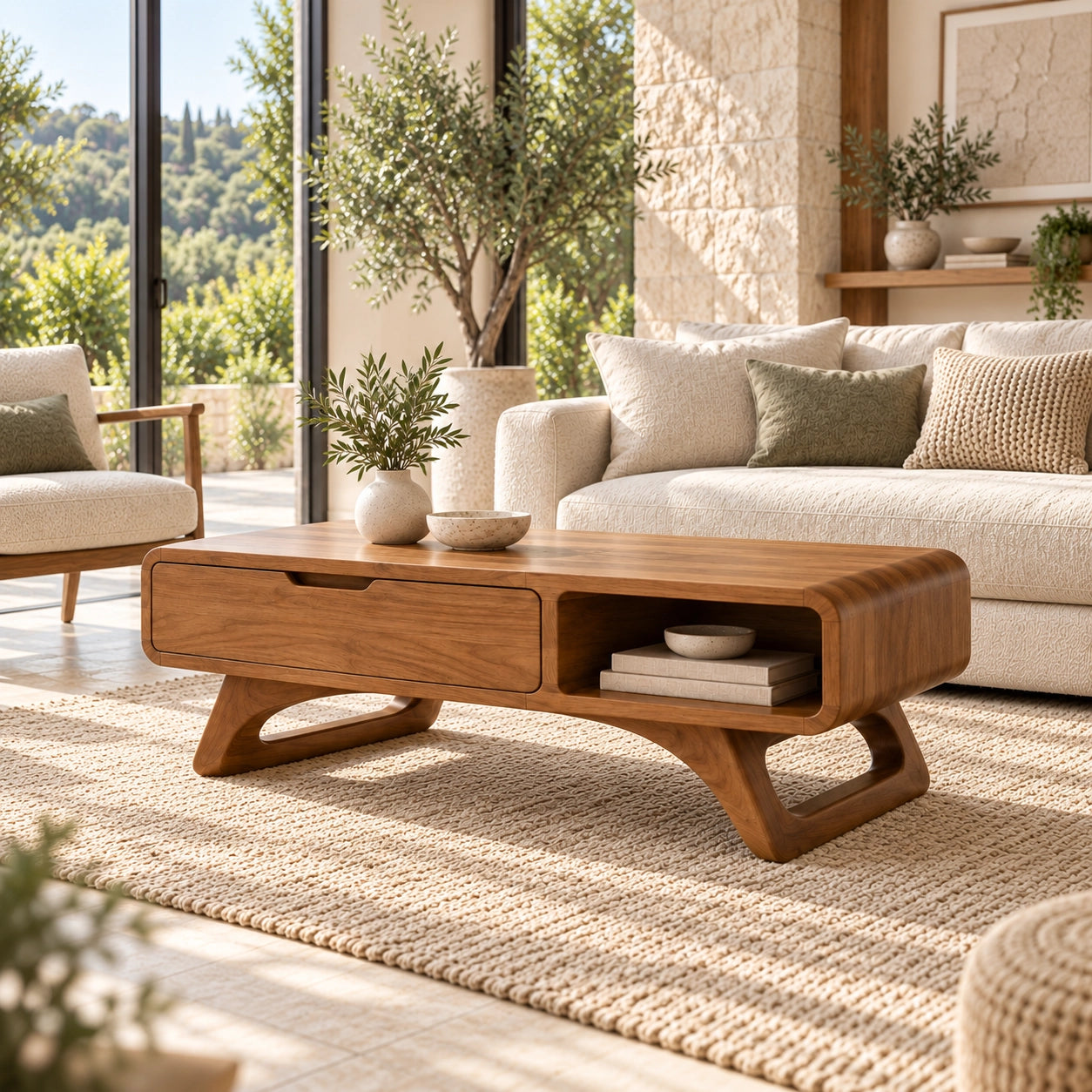 Coffee Table with Storage Drawer and Open Shelf in Natural Solid Wood - Woodenecho - 3