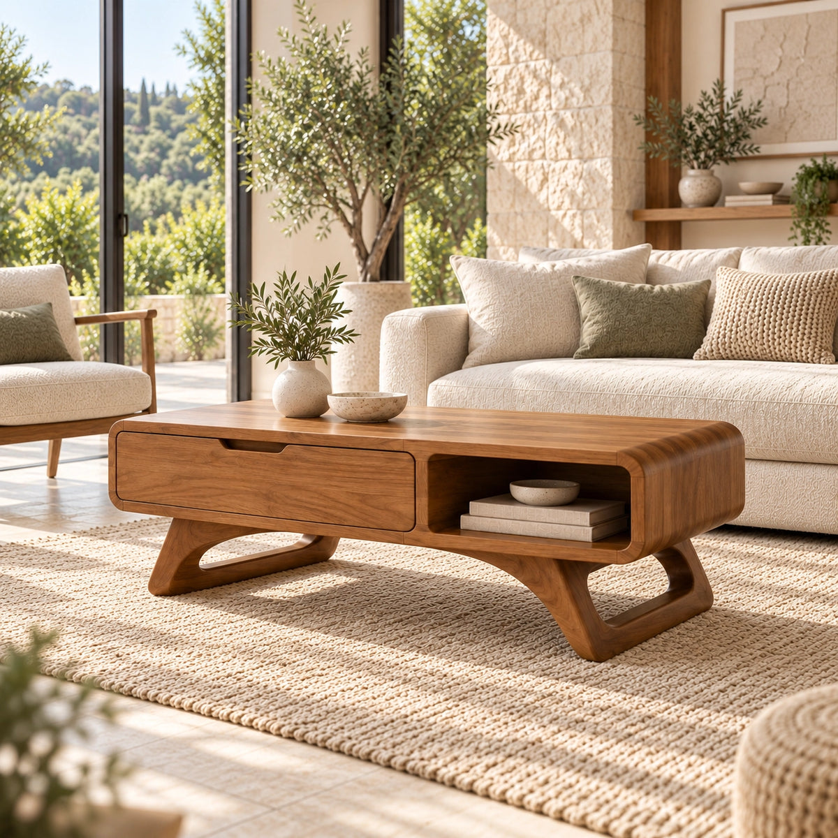 Coffee Table with Storage Drawer and Open Shelf in Natural Solid Wood - Woodenecho - 3