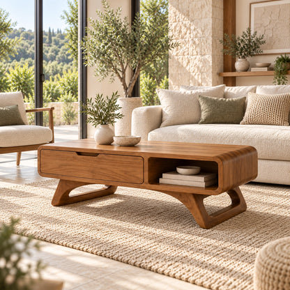 Coffee Table with Storage Drawer and Open Shelf in Natural Solid Wood - Woodenecho - 3