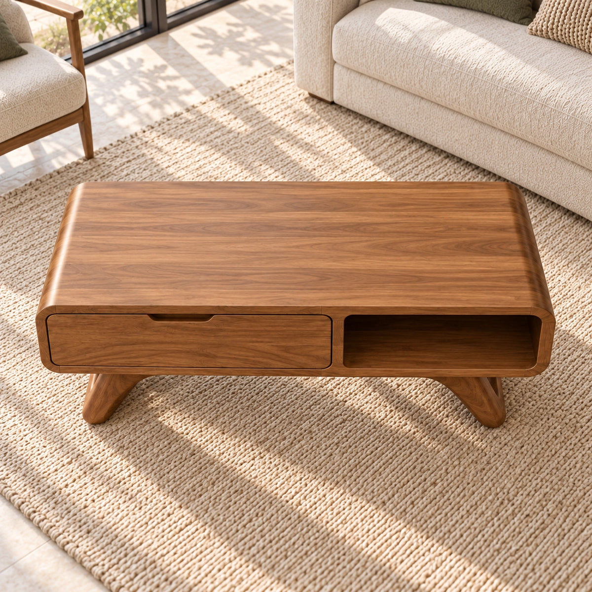 Coffee Table with Storage Drawer and Open Shelf in Natural Solid Wood - Woodenecho - 4
