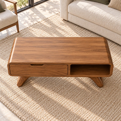 Coffee Table with Storage Drawer and Open Shelf in Natural Solid Wood - Woodenecho - 4