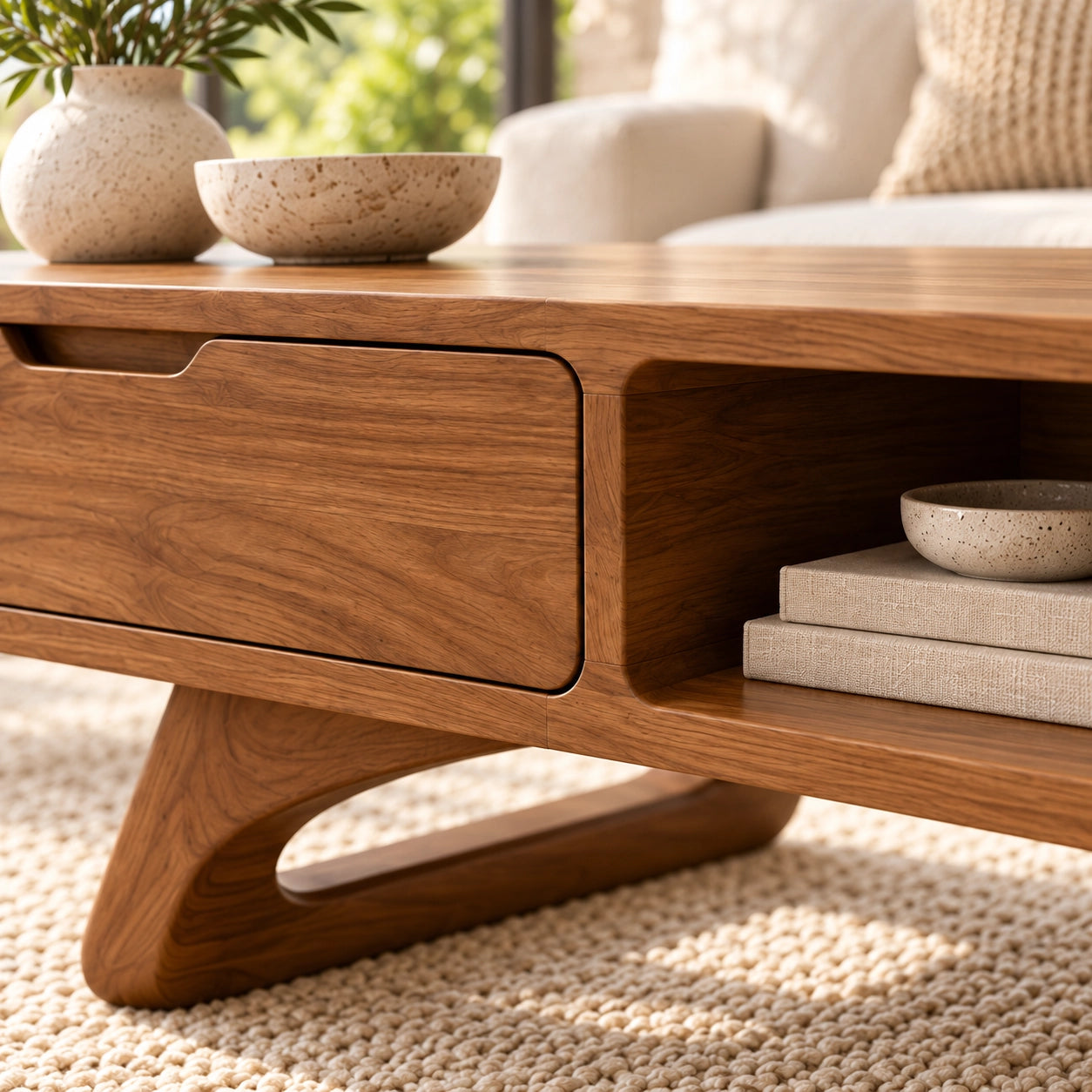 Coffee Table with Storage Drawer and Open Shelf in Natural Solid Wood - Woodenecho - 5