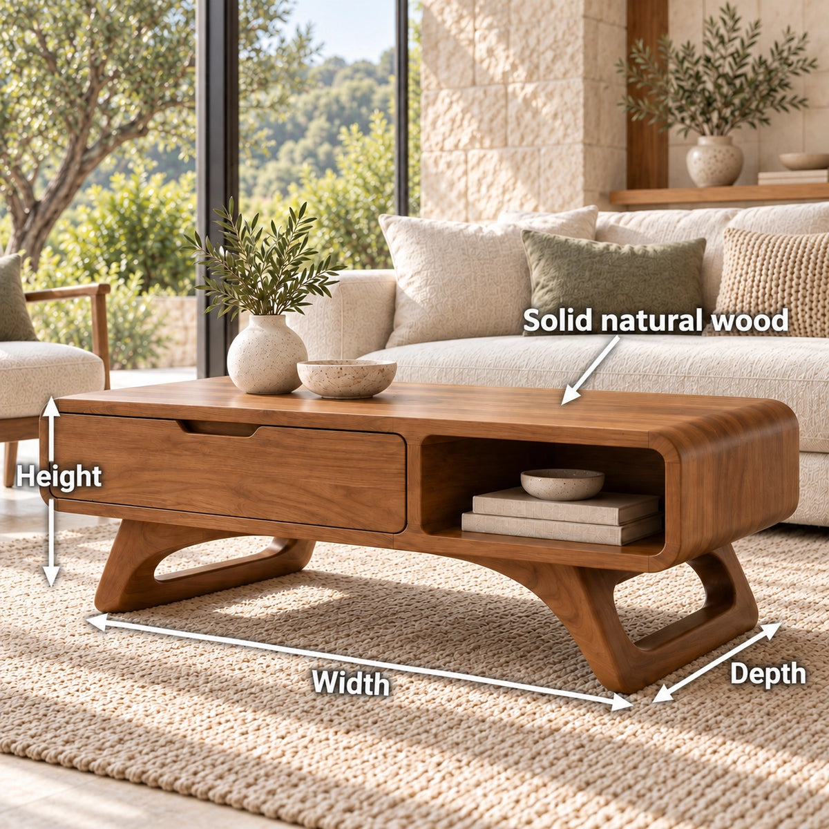 Coffee Table with Storage Drawer and Open Shelf in Natural Solid Wood - Woodenecho - 6