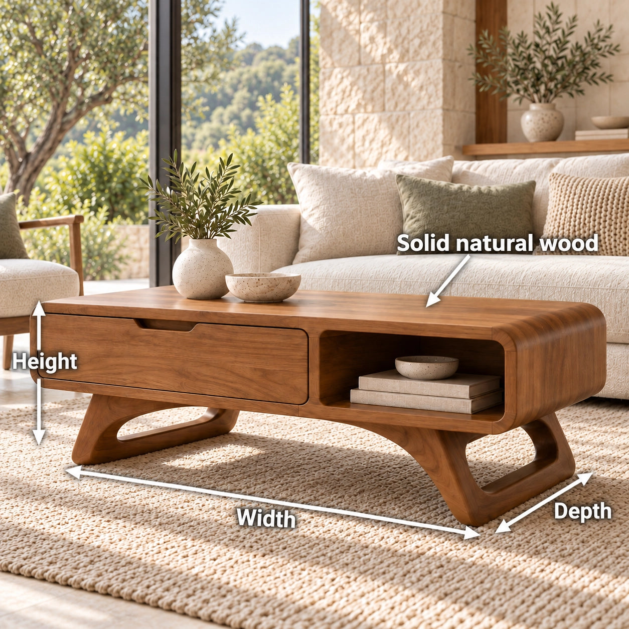 Coffee Table with Storage Drawer and Open Shelf in Natural Solid Wood - Woodenecho - 6