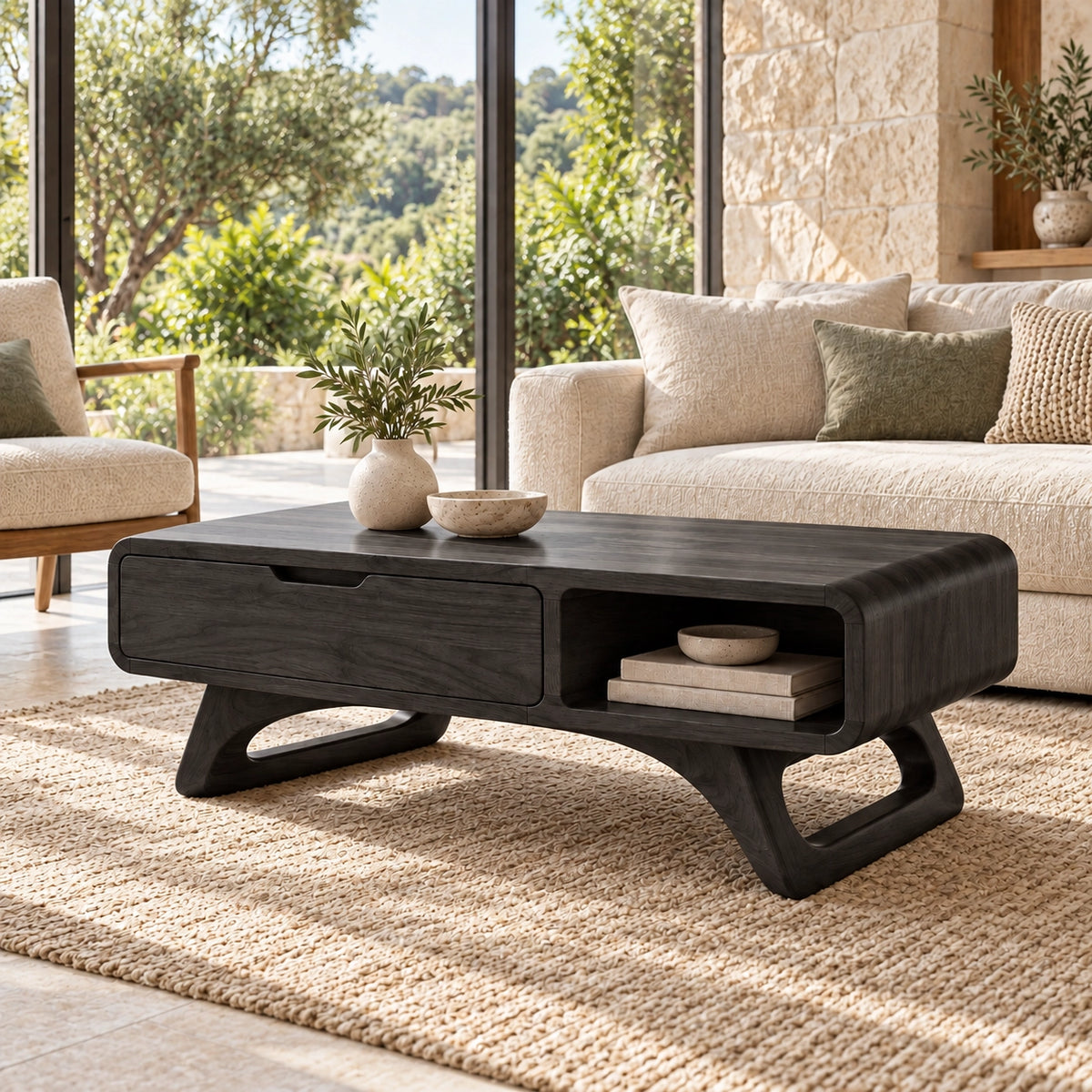 Coffee Table with Storage Drawer and Open Shelf in Natural Solid Wood - Woodenecho - 7