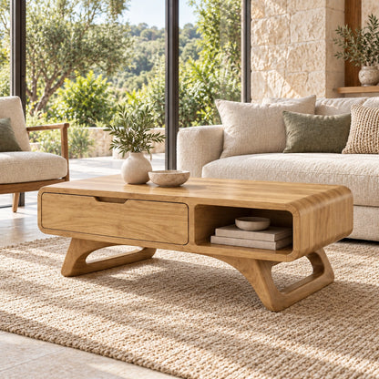 Coffee Table with Storage Drawer and Open Shelf in Natural Solid Wood - Woodenecho - 8