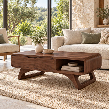 Coffee Table with Storage Drawer and Open Shelf in Natural Solid Wood - Woodenecho - 9