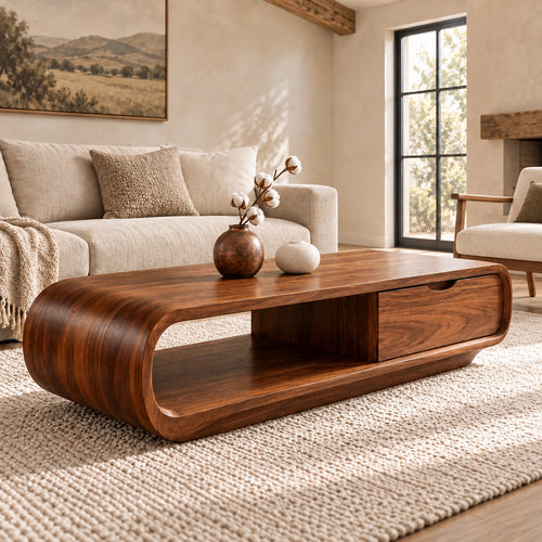 Coffee Table with Storage Drawer and Rounded Natural Solid Wood Base - Woodenecho - 1