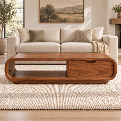 Coffee Table with Storage Drawer and Rounded Natural Solid Wood Base - Woodenecho - 2